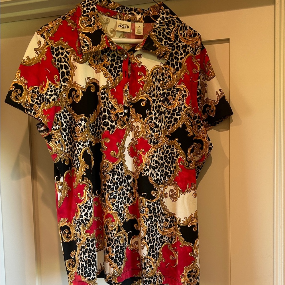Chico's Znergy Golf Red Black Gold Leopard Print Short Sleeve Polo